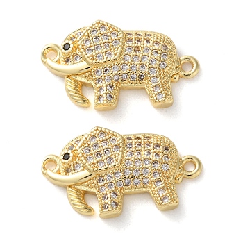 Rack Plating Brass Micro Pave Clear Cubic Zirconia Elephant Connector Charms, Lead Free & Cadmium Free, Real 18K Gold Plated, 23x13x3.5mm, Hole: 1.4mm