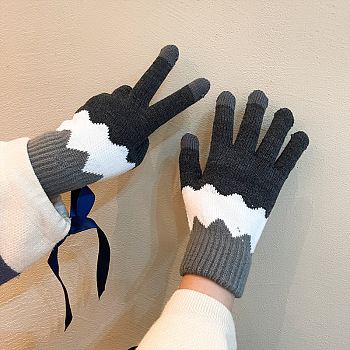 Cotton Knitting Full Finger Gloves, Wind Proof Thermal Gloves, Touch Screen Gloves, Wave Pattern, 24.7cm