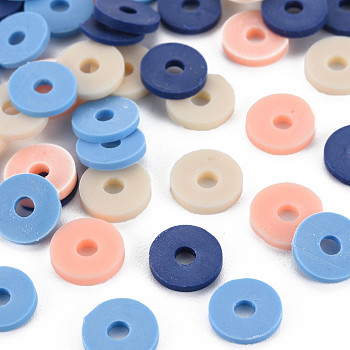 4 Colors Handmade Polymer Clay Beads, Heishi Beads, Disc/Flat Round, Bisque & Prussian Blue & Light Salmon & Light Sky Blue, 8x0.5~1.5mm, Hole: 2mm, about 11500pcs/1000g