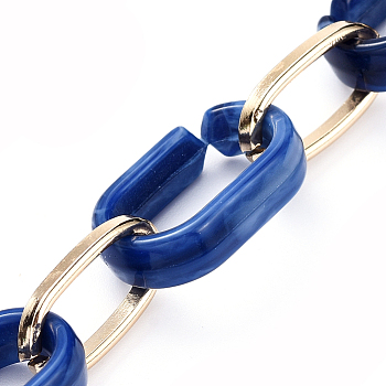 Handmade Acrylic & Aluminium Cable Chains, Imitation Gemstone, Flat Oval, for Jewelry Making, Light Gold, Marine Blue, Link: 18.5x11.5x4.5mm, 14.5x8.5x1.5mm, about 39.37 inch(1m)/strand