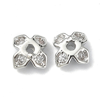 Brass Pave Clear Cubic Zirconia Bead Caps, 4-Petal, Clover, Real Platinum Plated, 4.5x4.5x2mm, Hole: 1mm