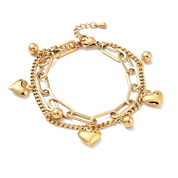Heart and Round Ball Charm Multi-strand Bracelet, Vacuum Plating 304 Stainless Steel Double Layered Chains Bracelet for Women, Golden, 7-1/2 inch(19cm)