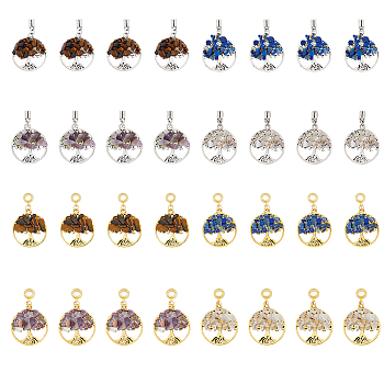 32Pcs 8 Styles Alloy European Dangle Charms, with Natural Gemstone Chips, Natural Amethyst & Rose Quartz & Tiger Eye & Lapis Lazuli, Flat Round with Tree, Antique Silver & Antique Golden, 38~39mm, Hole: 4~4.5mm, Pendant: 28~28.5x25x4~7mm, about 4pcs/style
