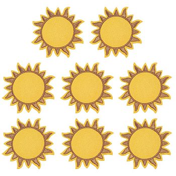 8Pcs Sun Polyester Cloth Embroidery Sew on Appliques, Sewing Craft Decoration, Gold, 75x75x1.5mm