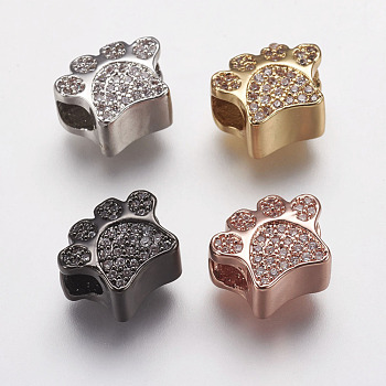 Brass Micro Pave Cubic Zirconia European Beads, Large Hole Beads, Footprints, Mixed Color, 9.5x12x7mm, Hole: 4mm