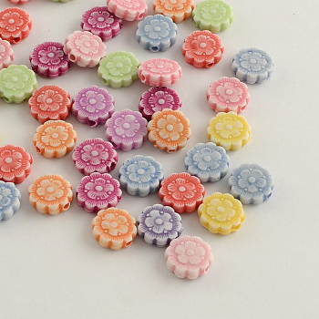 Craft Style Acrylic Beads, Flat Round with Flower, Mixed Color, 10x3mm, Hole: 1.6mm, about 2400pcs/500g