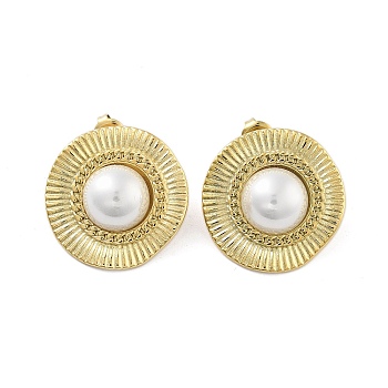 Flat Round Real 14K Gold Plated 304 Stainless Steel Stud Earrings, with Natural Shell, WhiteSmoke, 26x25.5mm