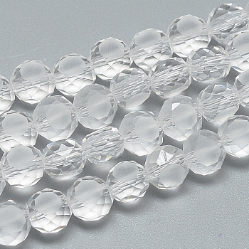 Frosted Glass Beads Strands, Faceted, Flat Round, Clear, 8x5.5mm, Hole: 1.5mm, about 72pcs/22 inch