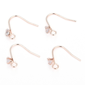 Brass Earring Hooks, Ear Wire, with Clear Cubic Zirconia and Horizontal Loop, Long-Lasting Plated, Real Rose Gold Plated, 16mm, 20 Gauge, Pin: 0.8mm