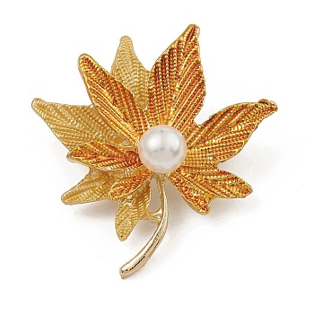 ABS Plastic Imitation Pearl Maple Leaf Brooch Pin, Alloy Enamel Badge for Backpack Clothes, Golden, 44x40x14mm