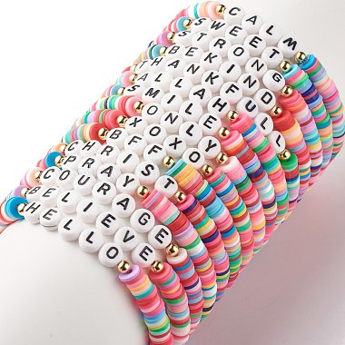 30Pcs 30 Style Polymer Clay Heishi Beaded Stretch Bracelets Set with Inspiration Word(BJEW-JB07593)-4