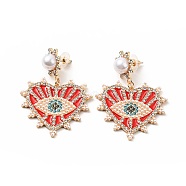 Crystal Rhinestone Heart with Evil Eye Dangle Stud Earrings with Enamel, Light Gold Plated Alloy Long Drop Earrings for Women, Red, 57mm, Pin: 0.8mm(EJEW-J045-05B-KCG)