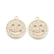 Brass Micro Pave Clear Cubic Zirconia Charms Pendants, Long-Lasting Plated, Flat Round with Smiling Face, Real 14K Gold Plated, 13.5x11.5x1.5mm, Hole: 1.2mm(X-ZIRC-K086-26G)