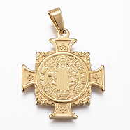 304 Stainless Steel Pendants, Cross with Saint Benedict Medal, Golden, 28.5x25x2mm, Hole: 4x6mm(STAS-G155-77G)