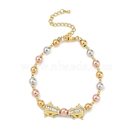 Rack Plating Brass Micro Pave Cubic Zirconia Beaded Bracelets, Cadmium Free & Lead Free, Long-Lasting Plated, Frog, Real 18K Gold Plated, 7-1/8 inch(18.2cm)(BJEW-P341-02G)