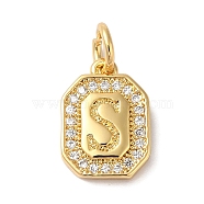 Real 18K Gold Plated Brass Micro Pave Clear Cubic Zirconia Pendants, with Jump Ring, Long-Lasting Plated, Lead Free & Cadmium Free, Letter Charms, Letter S, 12x8.5x2mm, Hole: 3mm(KK-L216-002G-S)