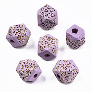 Painted Natural Wood Beads, Laser Engraved Pattern, Faceted, Polygon with Leopard Print, Medium Orchid, 10x10x10mm, Hole: 2mm(WOOD-T021-51A-07)
