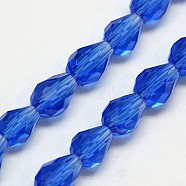 Glass Beads Strands, Faceted, Drop, Blue, 12x8mm, Hole: 1mm, about 56~58pcs/strand, 25~27 inch(EGLA-E010-8x12mm-13)