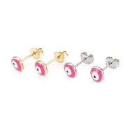 Brass Enamel Stud Earrings, Long-Lasting Plated, Flat Round with Evil Eye, Real Gold Plated & Real Platinum Plated, Mixed Color, Deep Pink, 6x2.5mm, Pin: 0.8mm(EJEW-D274-02M-02)