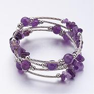 Four Loops Wrap Amethyst Beads Bracelets, with Iron Beads and Flower Tibetan Style Spacer Findings, Purple, 2-1/8 inch(55mm)(BJEW-JB02590-05)