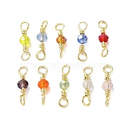 Faceted Glass Connector Charms, Rondelle Links with Rack Plating Brass Wire Double Loops, Lead Free & Cadmium Free, Real 18K Gold Plated, Long-Lasting Plated, Mixed Color, 12x3mm, Hole: 1.6mm(KK-D044-03G)