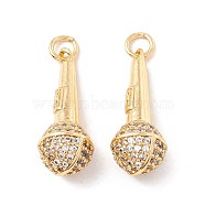 Brass Micro Pave Clear Cubic Zirconia Pendants, with Jump Rings, Cadmium Free & Lead Free, Long-Lasting Plated, Microphone, Real 18K Gold Plated, 23.5x9mm, Hole: 3mm(ZIRC-P098-11G)