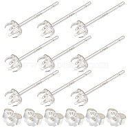 5 Pairs 925 Sterling Silver Stud Earring Settings, Prong Earring Setting, with 10Pcs Ear Nuts, Silver, Tray: 3.3mm, 4x4mm, Pin: 0.7mm(STER-BBC0005-42S)