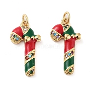 Christmas Theme Rack Plating Brass Pendants, Micro Pave Colorful Grade AAA Cubic Zirconia, with Enamel and Jump Ring, Long-Lasting Plated, Cadmium Free & Lead Free, Christmas Cane, 19.5x10x3.5mm, Hole: 2mm(KK-M280-11H-G)