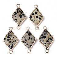 Natural Dalmatian Jasper Links Connectors, with Edge Light Gold Plated Brass Findings, Faceted, Rhombus, 29~30x15x4mm, Hole: 2.5mm(G-S359-107F)