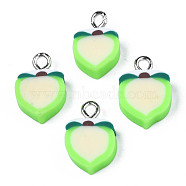 Handmade Polymer Clay Charms, with Platinum Tone Iron Loop, Imitation Fruit, Peach, Pale Green, 13~16x8~10x4~5mm, Hole: 1.8~2mm(CLAY-S096-020B)