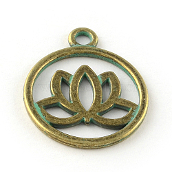 Flat Round with Lotus Zinc Alloy Pendants, Cadmium Free & Lead Free, Antique Bronze & Green Patina, 24x20x1.5mm, Hole: 2.5mm(X-PALLOY-R065-170-LF)