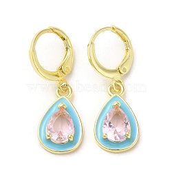 Teardrop Real 18K Gold Plated Brass Dangle Leverback Earrings, with Enamel and Glass, Pink, 29x10mm(EJEW-L268-026G-02)