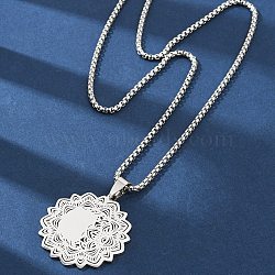 Mandala Flower 304 Stainless Steel Box Chain Pendant Necklaces, Stainless Steel Color, 19.49 inch(49.5cm)(NJEW-K253-35P)