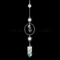 Natural Moss Agate Moon & Bullet Window Hanging Suncatchers, Metal Sun Pendant Decorations, Car Ornament, 350mm, Moon: 30mm, Bullet: 45mm(DJEW-PW0009-035G)