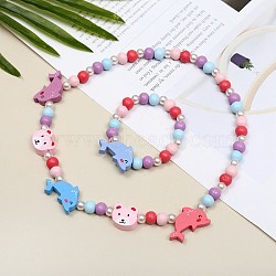 Plastic & Wood Beaded Necklaces & Beaded Bracelets Sets, Kid Jewelry Sets, Dolphin, 450mm & 140mm(WG31E53-22)