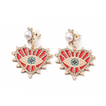 Crystal Rhinestone Heart with Evil Eye Dangle Stud Earrings with Enamel, Light Gold Plated Alloy Long Drop Earrings for Women, Red, 57mm, Pin: 0.8mm