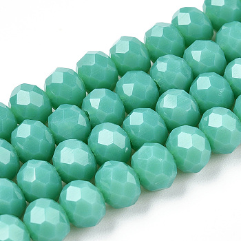 Opaque Solid Color Imitation Jade Glass Beads Strands, Faceted, Rondelle, Light Sea Green, 3.5~3.8x3mm, Hole: 0.4mm, about 113~115pcs/strand, 32.5~33cm