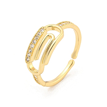 Paper Clip Brass Micro Pave Clear Cubic Zirconia Open Cuff Rings, Long-Lasting Plated, Golden, US Size 6 1/2(16.9mm)