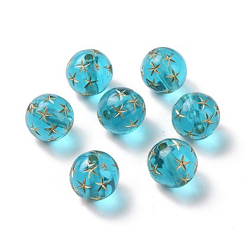 Transparent Acrylic Beads, Golden Metal Enlaced, Round, Turquoise, 12mm, Hole: 2mm