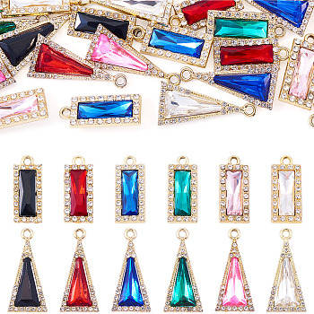 120Pcs 12 Colors Zinc Alloy Glass Pendants, Rectangle & Triangle Charm, with Rhinestone, Faceted, Light Gold, Mixed Color, 22~28x9~13x4.4~5mm, Hole: 1.9mm, 2pcs/color