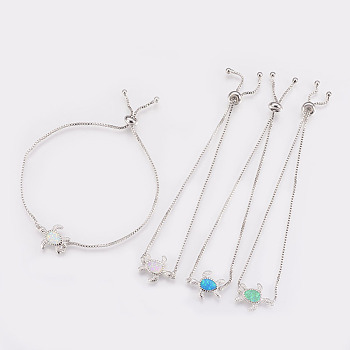 Adjustable Brass Bolo Bracelets, Slider Bracelets, Box chains, with Synthetic Opal, Turtle, Platinum, Mixed Color, 9-1/2 inch(24cm)x1mm