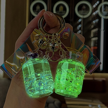Acrylic Luminous Into Oil Canister Pendant Keychains, Floating Quicksand Keychains, Glow in the Dark, Pale Green, Tank: 50x35mm