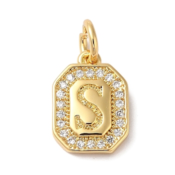 Real 18K Gold Plated Brass Micro Pave Clear Cubic Zirconia Pendants, with Jump Ring, Long-Lasting Plated, Lead Free & Cadmium Free, Letter Charms, Letter S, 12x8.5x2mm, Hole: 3mm