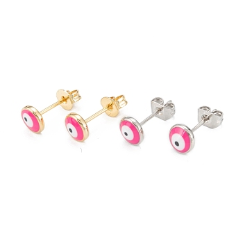 Brass Enamel Stud Earrings, Long-Lasting Plated, Flat Round with Evil Eye, Real Gold Plated & Real Platinum Plated, Mixed Color, Deep Pink, 6x2.5mm, Pin: 0.8mm