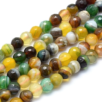 Natural Striped Agate/Banded Agate Beads, Dyed, Faceted Round, Mixed Color, 6mm, Hole: 1mm, about 61pcs/strand, 14.3 inch(36.5cm)