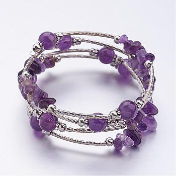 Four Loops Wrap Amethyst Beads Bracelets, with Iron Beads and Flower Tibetan Style Spacer Findings, Purple, 2-1/8 inch(55mm)