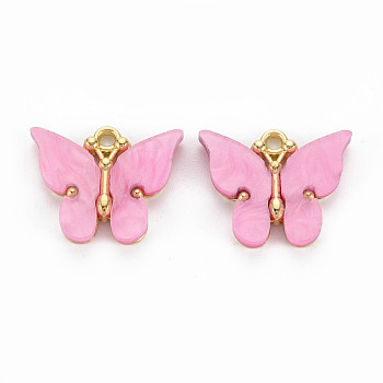 Rack Plating Alloy Pendants, with Acrylic, Cadmium Free & Lead Free, Light Gold, Butterfly, Plum, 18.5x22.5x3mm, Hole: 2mm