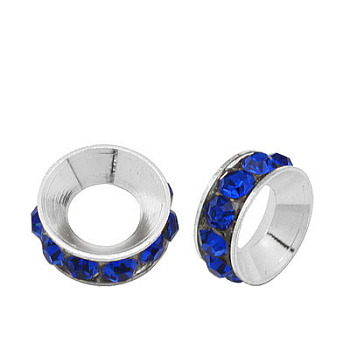 Brass Rhinestone Spacer Beads, Grade A, Rondelle, Silver Color Plated, Sapphire, 10x4.2mm, Hole: 5.2~5.7mm