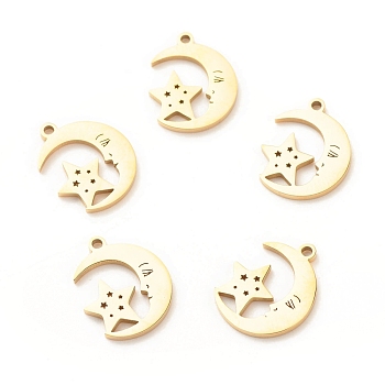 201 Stainless Steel Pendants, Moon with Face & Star, Golden, 17x13x1.2mm, Hole: 1.5mm