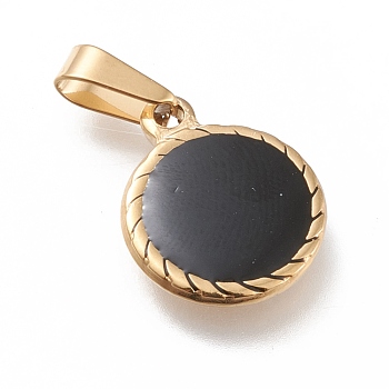 304 Stainless Steel Pendants, with Enamel, Flat Round, Black, Golden, 18x14.5x3mm, Hole: 8x3mm